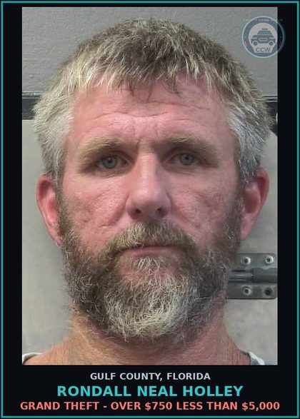 CCW arrest card for RONDALL NEAL HOLLEY in Gulf County: GRAND THEFT - OVER $750 LESS THAN $5,000