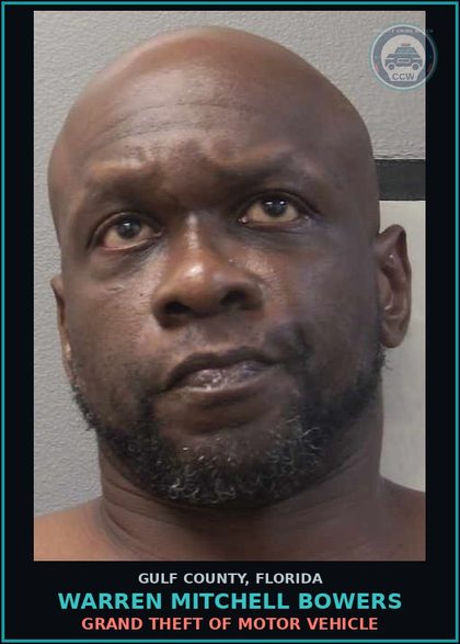 CCW arrest card for WARREN MITCHELL BOWERS in Gulf County: GRAND THEFT OF MOTOR VEHICLE