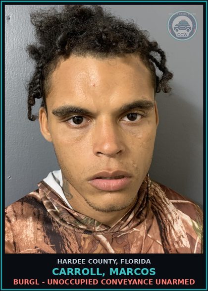 CCW arrest card for Carroll, Marcos in Hardee County: BURGL - UNOCCUPIED CONVEYANCE UNARMED
