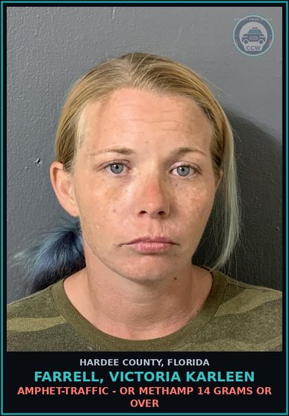CCW arrest card for Farrell, Victoria Karleen in Hardee County: AMPHET-TRAFFIC - OR METHAMP 14 GRAMS OR OVER