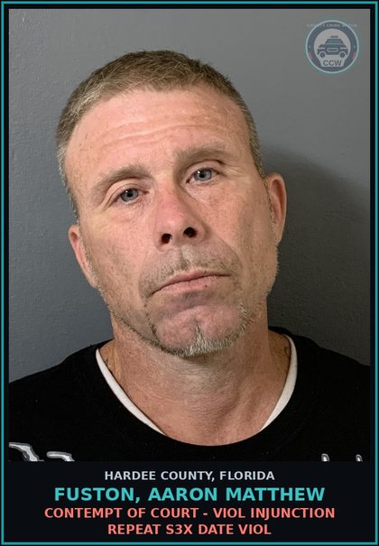 CCW arrest card for Fuston, Aaron Matthew in Hardee County: CONTEMPT OF COURT - VIOL INJUNCTION REPEAT S3X DATE VIOL