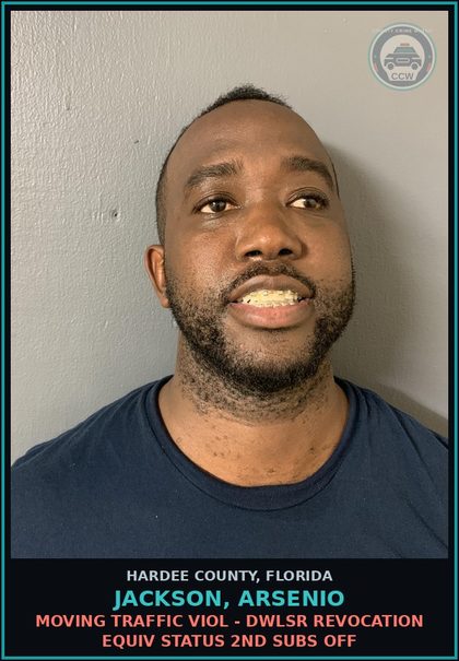 CCW arrest card for Jackson, Arsenio in Hardee County: MOVING TRAFFIC VIOL - DWLSR REVOCATION EQUIV STATUS 2ND SUBS OFF