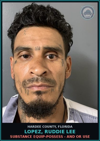 CCW arrest card for Lopez, Ruddie Lee in Hardee County: SUBSTANCE EQUIP-POSSESS - AND OR USE