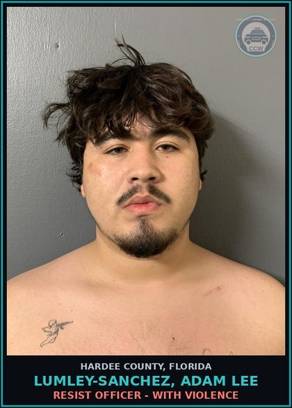 CCW arrest card for Lumley-Sanchez, Adam Lee in Hardee County: RESIST OFFICER - WITH VIOLENCE