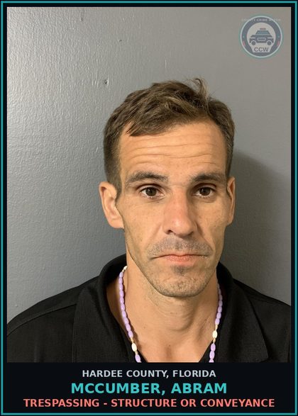 CCW arrest card for McCumber, Abram in Hardee County: TRESPASSING - STRUCTURE OR CONVEYANCE