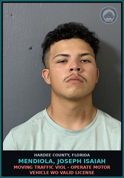 CCW arrest card for Mendiola, Joseph Isaiah in Hardee County: MOVING TRAFFIC VIOL - OPERATE MOTOR VEHICLE WO VALID LICENSE