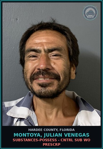 CCW arrest card for Montoya, Julian Venegas in Hardee County: SUBSTANCES-POSSESS - CNTRL SUB WO PRESCRP