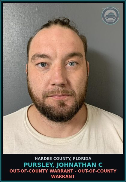 CCW arrest card for Pursley, Johnathan C in Hardee County: OUT-OF-COUNTY WARRANT - OUT-OF-COUNTY WARRANT