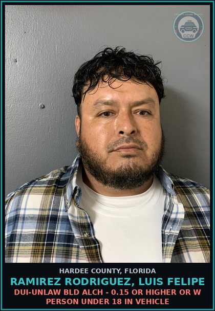 CCW arrest card for Ramirez Rodriguez, Luis Felipe in Hardee County: DUI-UNLAW BLD ALCH - 0.15 OR HIGHER OR W PERSON UNDER 18 IN VEHICLE