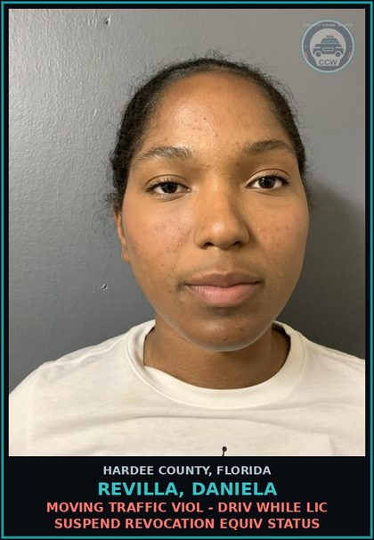 CCW arrest card for Revilla, Daniela in Hardee County: MOVING TRAFFIC VIOL - DRIV WHILE LIC SUSPEND REVOCATION EQUIV STATUS