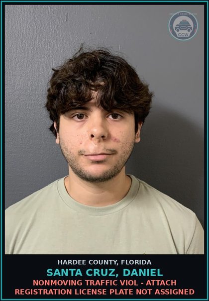 CCW arrest card for Santa Cruz, Daniel in Hardee County: NONMOVING TRAFFIC VIOL - ATTACH REGISTRATION LICENSE PLATE NOT ASSIGNED