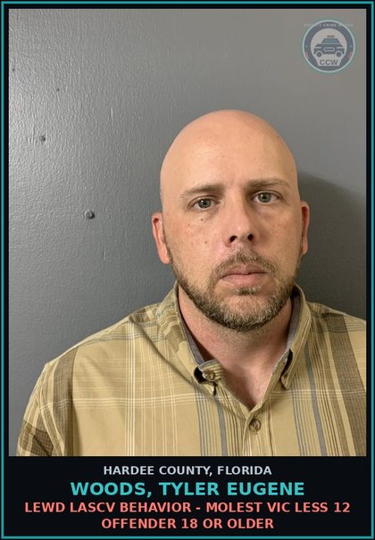 CCW arrest card for Woods, Tyler Eugene in Hardee County: LEWD LASCV BEHAVIOR - MOLEST VIC LESS 12 OFFENDER 18 OR OLDER