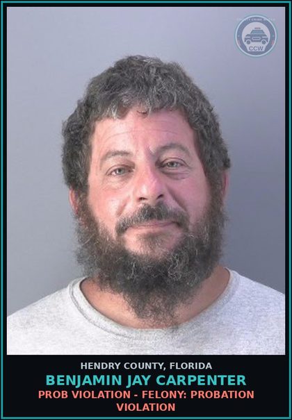 CCW arrest card for BENJAMIN JAY CARPENTER in Hendry County: NONMOVING TRAFFIC VIOL: ATTACH REGISTRATION LICENSE PLATE NOT ASSIGNED