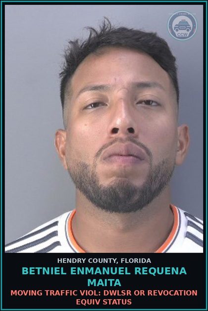 CCW arrest card for BETNIEL ENMANUEL REQUENA MAITA in Hendry County: MOVING TRAFFIC VIOL: DWLSR OR REVOCATION EQUIV STATUS