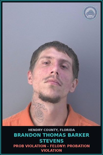 CCW arrest card for BRANDON THOMAS BARKER STEVENS in Hendry County: DRUGS-POSSESS: POSSESS contr substance W/O PRESCRIPTION