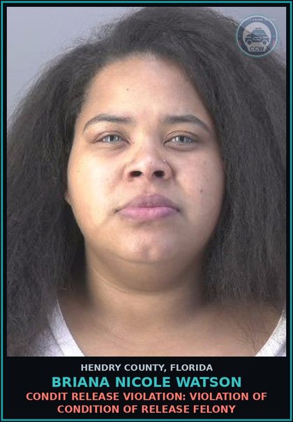 CCW arrest card for BRIANA NICOLE WATSON in Hendry County: CONDIT RELEASE VIOLATION: VIOLATION OF CONDITION OF RELEASE FELONY