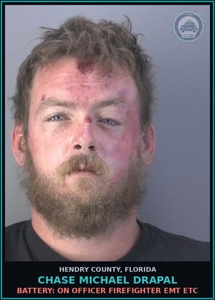 CCW arrest card for CHASE MICHAEL DRAPAL in Hendry County: BATTERY: ON OFFICER FIREFIGHTER EMT ETC
