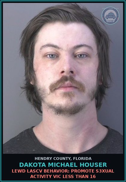 CCW arrest card for DAKOTA MICHAEL HOUSER in Hendry County: LEWD LASCV BEHAVIOR: PROMOTE s3xual ACTIVITY VICTIM LESS THAN 16