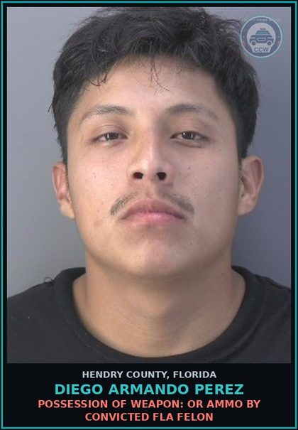 CCW arrest card for DIEGO ARMANDO PEREZ in Hendry County: NONMOVING TRAFFIC VIOL: FAIL TO REGISTER MOTOR VEH