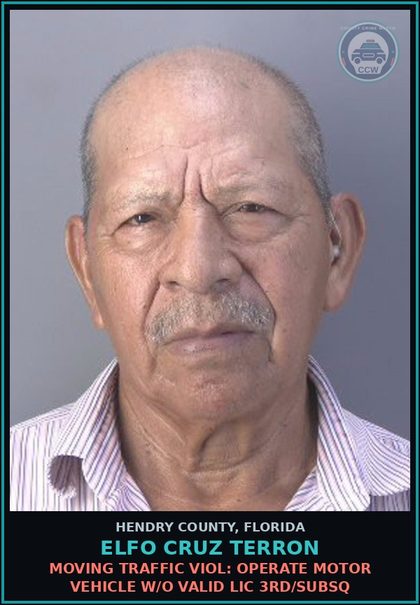 CCW arrest card for ELFO CRUZ TERRON in Hendry County: MOVING TRAFFIC VIOL: OPERATE MOTOR VEHICLE W/O VALID LIC 3RD/SUBSQ