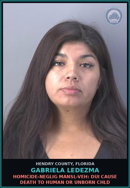 CCW arrest card for GABRIELA LEDEZMA in Hendry County: NONMOVING TRAFFIC VIOL: FAIL TO NOTIFY HSMV CHG OF ADDRESS