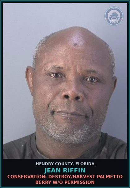 CCW arrest card for JEAN RIFFIN in Hendry County: CONSERVATION: DESTROY/HARVEST PALMETTO BERRY W/O PERMISSION