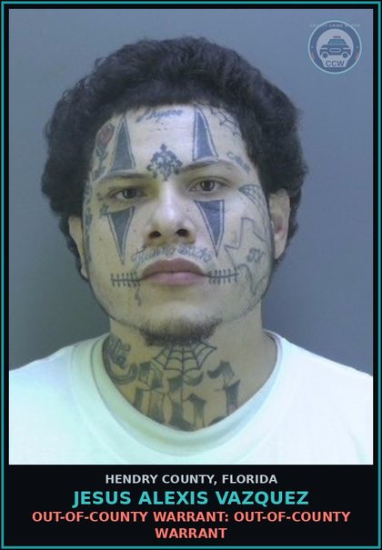 CCW arrest card for JESUS ALEXIS VAZQUEZ in Hendry County: OUT-OF-COUNTY WARRANT: OUT-OF-COUNTY WARRANT