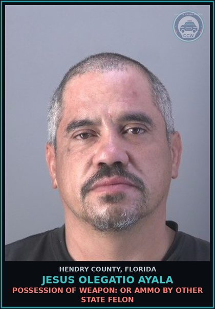 CCW arrest card for JESUS OLEGATIO AYALA in Hendry County: MOVING TRAFFIC VIOL: DWLSR REVOCATION EQUIV STATUS 2ND SUBS OFF