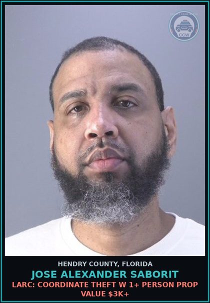 CCW arrest card for JOSE ALEXANDER SABORIT in Hendry County: STOLEN PROP-DEAL IN: ORGANIZED DEALING TRAFFIC STOLEN PROP