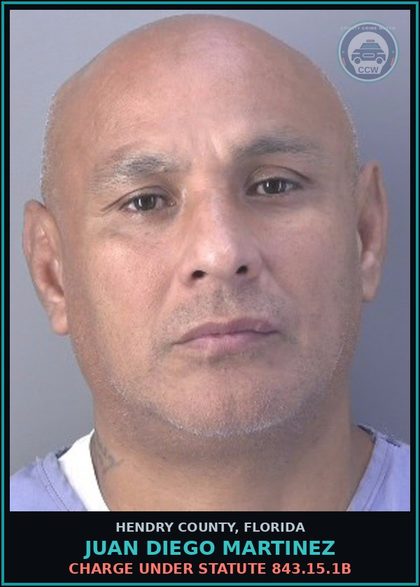 CCW arrest card for JUAN DIEGO MARTINEZ in Hendry County: Charge under statute 843.15.1B