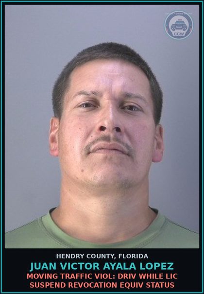 CCW arrest card for JUAN VICTOR AYALA LOPEZ in Hendry County: MOVING TRAFFIC VIOL: DRIV WHILE LIC SUSPEND REVOCATION EQUIV STATUS
