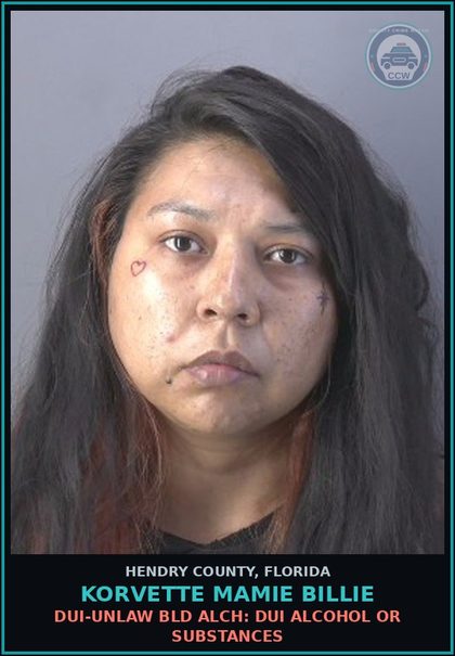 CCW arrest card for KORVETTE MAMIE BILLIE in Hendry County: DUI-UNLAW BLD ALCH: DUI ALCOHOL OR DRUGS