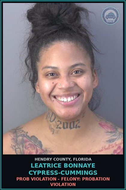 CCW arrest card for LEATRICE BONNAYE CYPRESS-CUMMINGS in Hendry County: PROB VIOLATION - FELONY: PROBATION VIOLATION