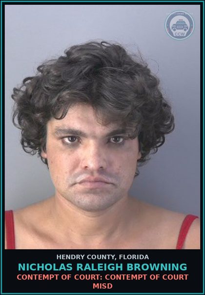 CCW arrest card for NICHOLAS RALEIGH BROWNING in Hendry County: CONTEMPT OF COURT: CONTEMPT OF COURT MISD