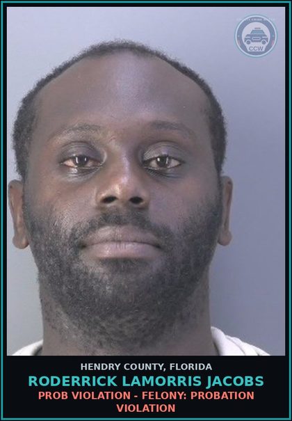 CCW arrest card for RODERRICK LAMORRIS JACOBS in Hendry County: Charge under statute 843.15.1B