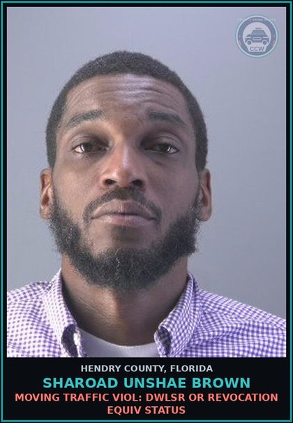 CCW arrest card for SHAROAD UNSHAE BROWN in Hendry County: MOVING TRAFFIC VIOL: DWLSR OR REVOCATION EQUIV STATUS