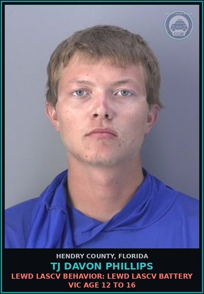CCW arrest card for TJ DAVON PHILLIPS in Hendry County: LEWD LASCV BEHAVIOR: CONDUCT BY PERSON 18YOA OR OLDER
