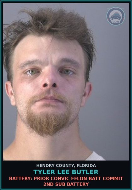 CCW arrest card for TYLER LEE BUTLER in Hendry County: BATTERY: PRIOR CONVIC FELON BATT COMMIT 2ND SUB BATTERY