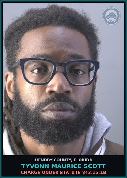 CCW arrest card for TYVONN MAURICE SCOTT in Hendry County: Charge under statute 843.15.1B