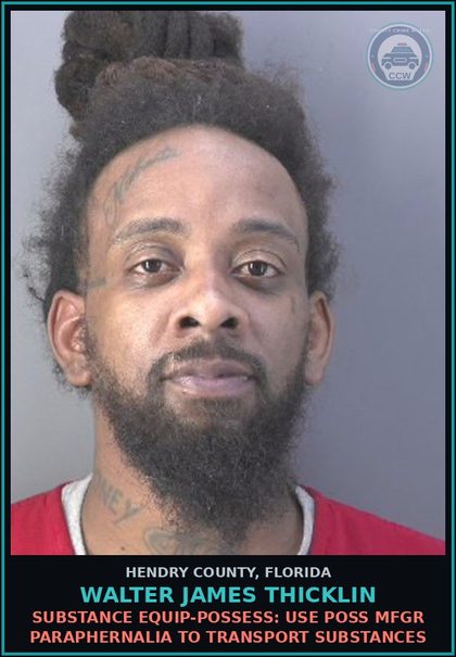 CCW arrest card for WALTER JAMES THICKLIN in Hendry County: DRUG EQUIP-POSSESS: USE POSS MFGR PARAPHERNALIA TO TRANSPORT DRUGS