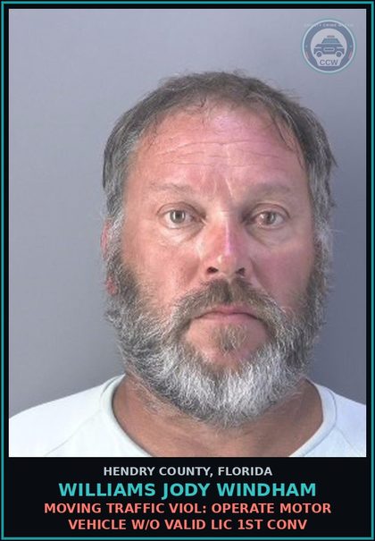 CCW arrest card for WILLIAMS JODY WINDHAM in Hendry County: MOVING TRAFFIC VIOL: OPERATE MOTOR VEHICLE W/O VALID LIC 1ST CONV