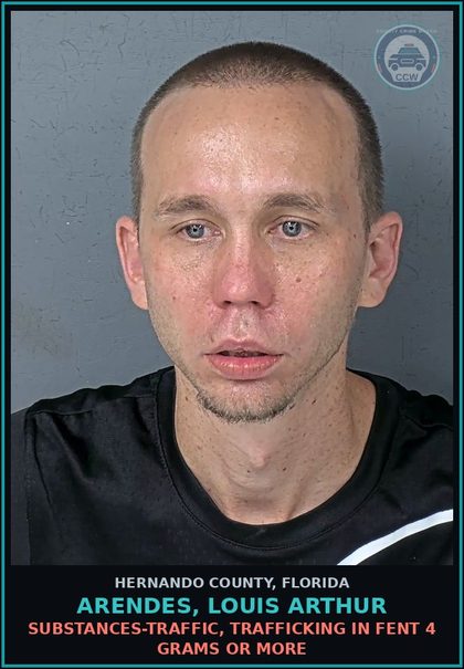 CCW arrest card for ARENDES, LOUIS ARTHUR in Hernando County: DRUGS-TRAFFIC, TRAFFICKING IN Fent 4 GRAMS OR MORE