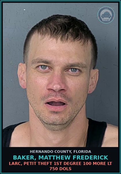 CCW arrest card for BAKER, MATTHEW FREDERICK in Hernando County: DRUGS-POSSESS