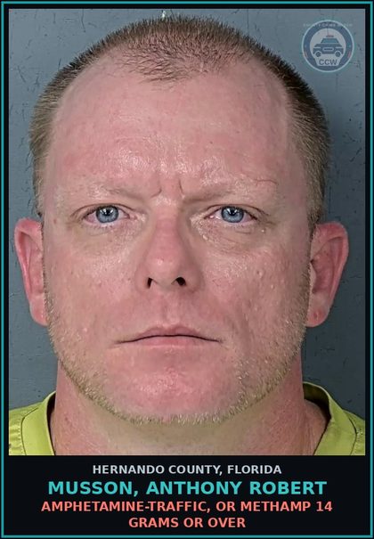 CCW arrest card for MUSSON, ANTHONY ROBERT in Hernando County: AMPHETAMINE-TRAFFIC, OR Methamp 14 GRAMS OR OVER