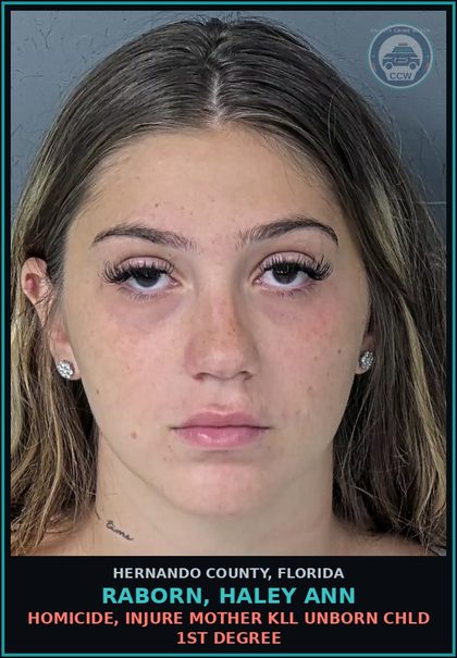 CCW arrest card for RABORN, HALEY ANN in Hernando County: HOMICIDE, INJURE MOTHER KILL UNBORN chld 1ST DEGREE