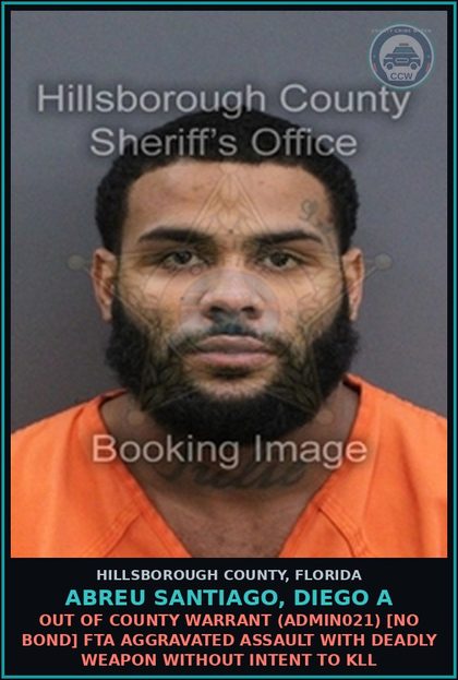 CCW arrest card for ABREU SANTIAGO, DIEGO A in Hillsborough County: ARREST ON FAILURE TO OBEY WRITTEN PROMISE TO APPEAR (ADMIN023) FTA BATTERY (BATT1100)
