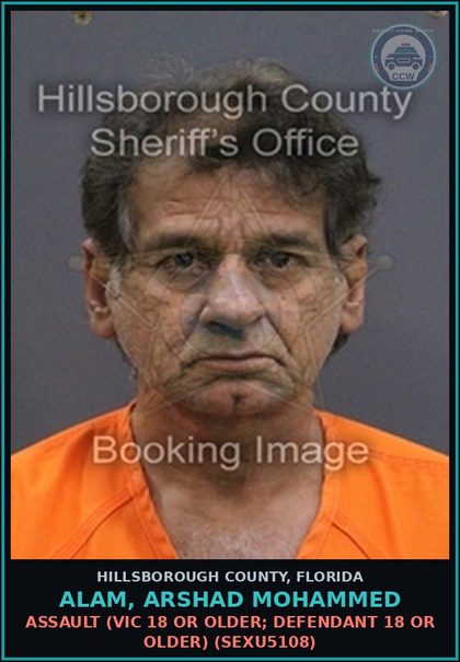 CCW arrest card for ALAM, ARSHAD MOHAMMED in Hillsborough County: s3xual BATTERY (VICTIM 18 OR OLDER; DEFENDANT 18 OR OLDER) (SEXU5108)