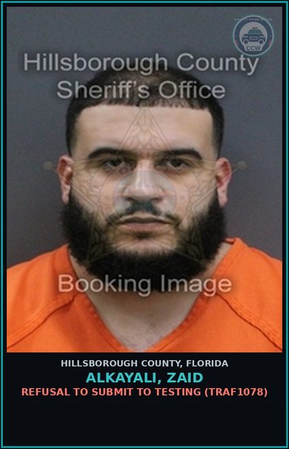 CCW arrest card for ALKAYALI, ZAID in Hillsborough County: REFUSAL TO SUBMIT TO TESTING (TRAF1078)