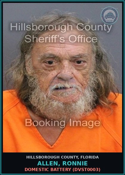 CCW arrest card for ALLEN, RONNIE in Hillsborough County: DOMESTIC BATTERY (DVST0003)