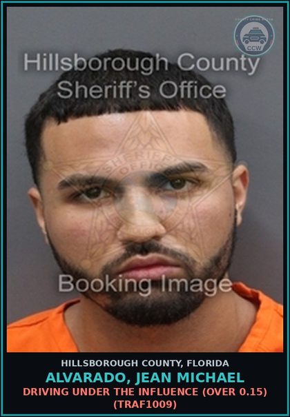 CCW arrest card for ALVARADO, JEAN MICHAEL in Hillsborough County: DRIVING UNDER THE INFLUENCE (OVER 0.15) (TRAF1009)